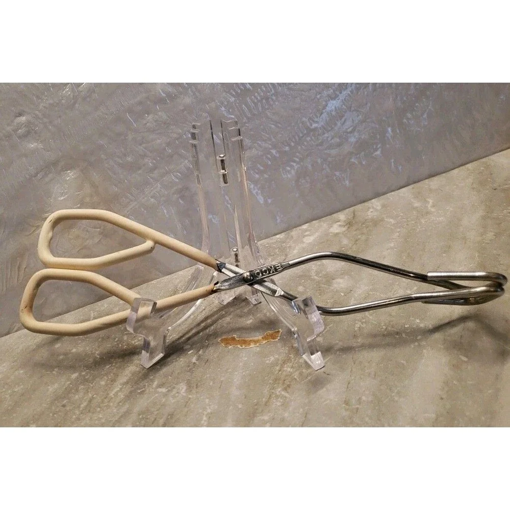 Vintage EKCO 10 Stainless Steel Kitchen Tongs Grippers, Ivory Rubber handle USA